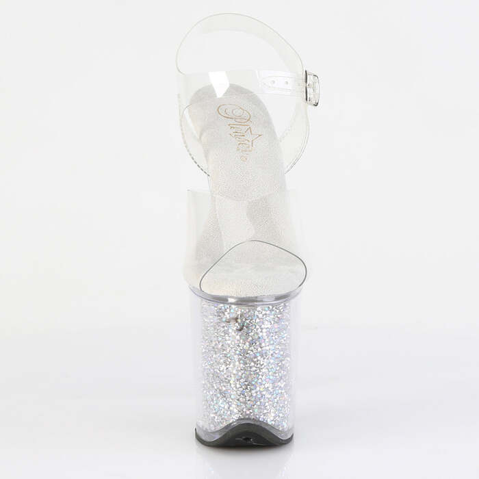 Босоножки Flamingo-808RSI. Каблук 8 дюймов, ремешок на щиколотке 4 дюйма, вставки RS, прозрачные/серебристые стразы.