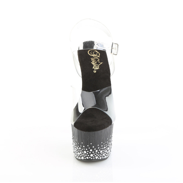 Босоніжки Adore-708SPKL-01 на підборах 18 см, платформа 7 см, з ремінцем на щиколотці та декором із розсипчастих стразів, колір: прозорий/чорний-сріблястий