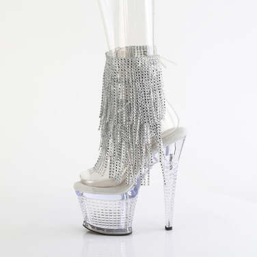 Ботинки Spectator-1017RSF, каблук 7 дюймов, фактурный PF, открытый носок/пятка 3 дюйма, шнуровка, бахрома до щиколотки, прозрачный/серебристый