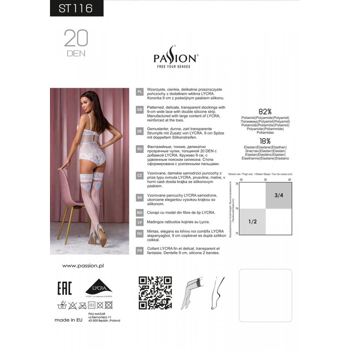 Мереживні панчохи ST116 білі з блакитним візерунком 3/4 (20 den) - Passion