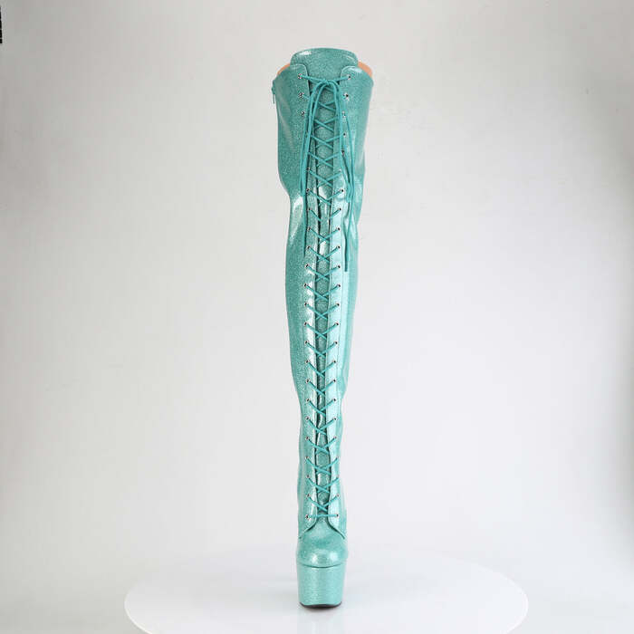 Сапоги Adore-3020GP *Каблук 7 дюймов, эластичные сапоги до бедра с шнуровкой PF высотой 2 3/4 дюйма, молния сбоку, лакированная кожа с аквамариновым блеском