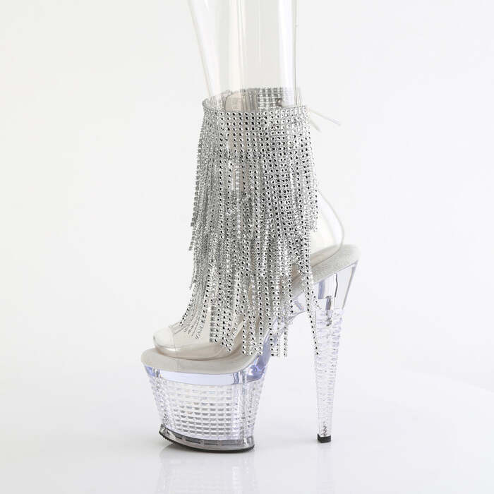 Ботинки Spectator-1017RSF, каблук 7 дюймов, фактурный PF, открытый носок/пятка 3 дюйма, шнуровка, бахрома до щиколотки, прозрачный/серебристый