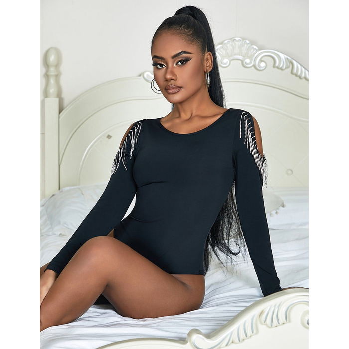 Черный боди с длинными рукавами Star Night и кисточками из цепочек, L