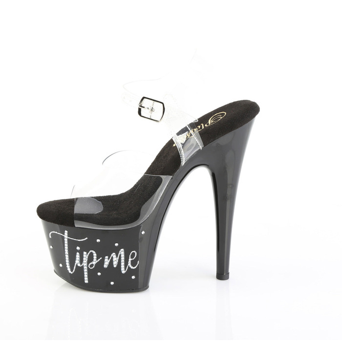Босоніжки Adore-708TIP-02 на підборах 7 дюймів, сандалі з ремінцем на щиколотці 2 3/4 дюйма з RS, прозорі/чорно-срібні стрази