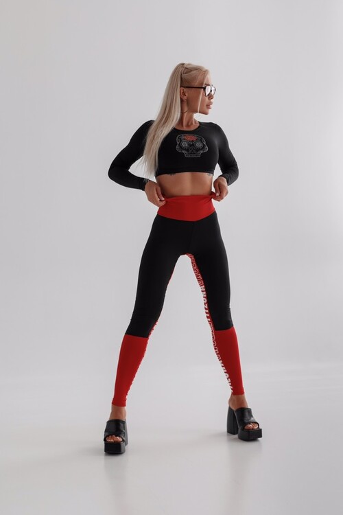 ЛЕГІНСИ BLACK LEGGINGS WITH RED BELT AND LEGS PRINT 14687