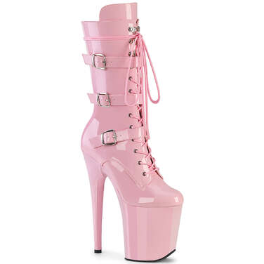 Ботинки Flamingo-1053, каблук 8 дюймов, высота голени 4 дюйма, шнуровка, пряжка, молния сбоку, нежно-розовый лак.