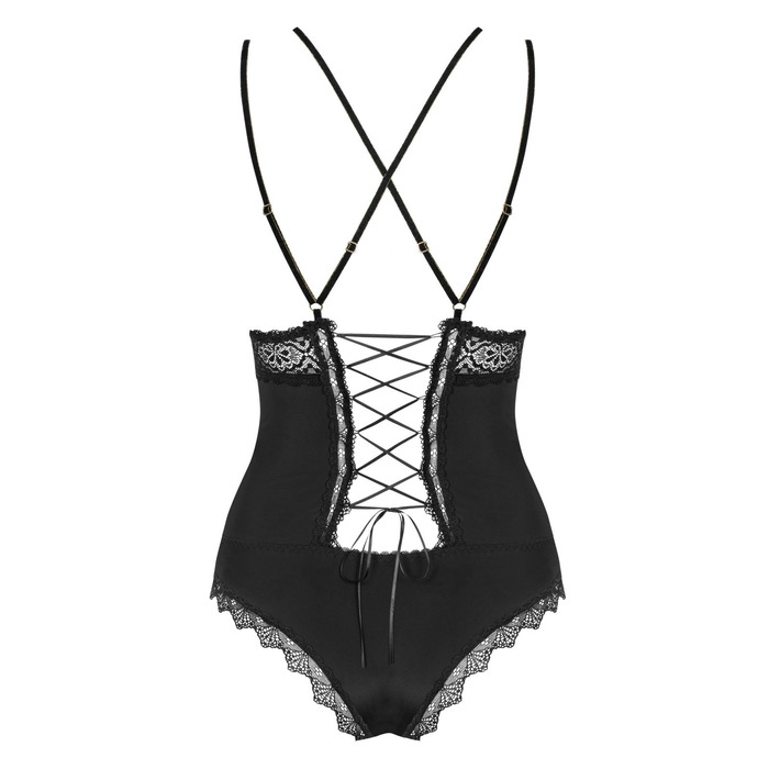Эротическое боди из атласа с элементами кружева Obsessive Lolitte и открытой спиной, черный, XXL