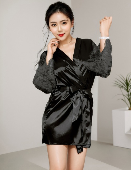 Халат чорний під пояс та довгими мереживними рукавами Star Night стрінги в комплекті, XS/S