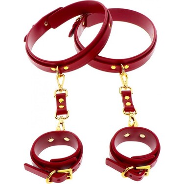Фиксаторы на бедра с наручниками и карабинами Taboom, красные, с золотистой фурнитурой