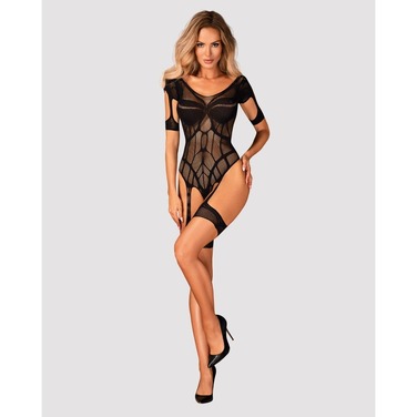 Боди в мелкую сетку Obsessive G334 с открытым доступом и имитацией чулков, черный, S/M/L