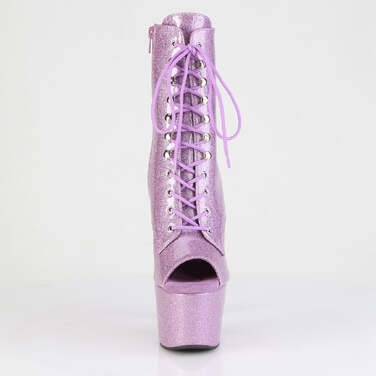 Чоботи Adore-1021GP *7-дюймовий каблук, 2 3/4-дюймові черевики на шнурівці з відкритим носком, блискавка збоку, бузковий блискітки, лаковані